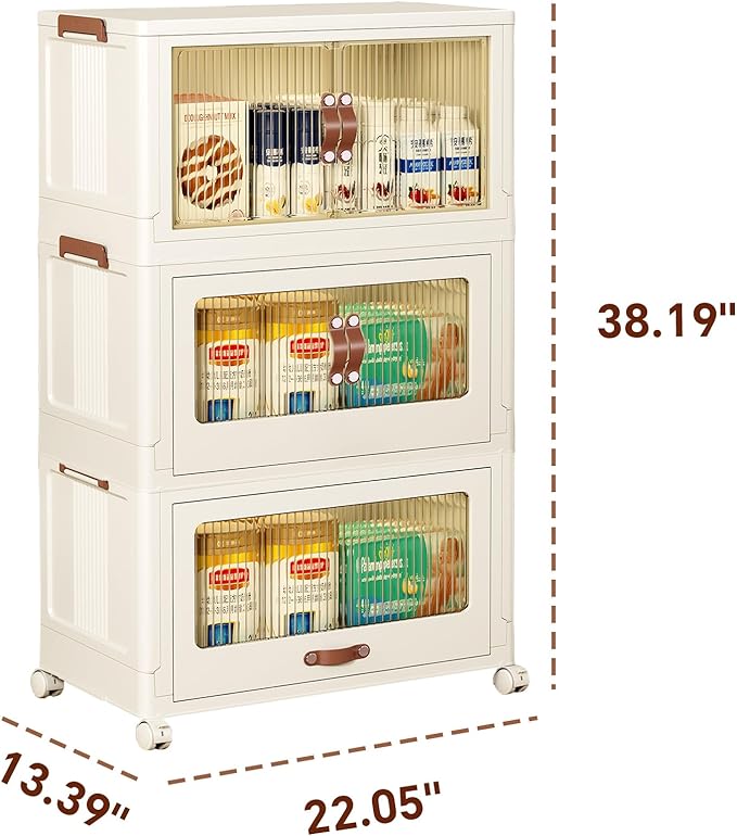 ONAIL 3-Tier Stackable Storage Bins with Lids 65 QT, Collapsible Storage Cabinet Bins with Wheels and Doors, Plastic Foldable Storage Box Container with Drawer for Clothes, Home, Office, Dorm