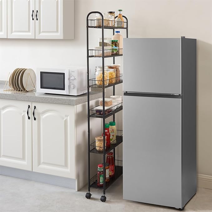 6-Tier Slim Rolling Storage Cart with Wheels, Narrow Metal Organizer Shelf Unit for Kitchen, Bathroom, Laundry, Office, Garage – Black, 10" Wide