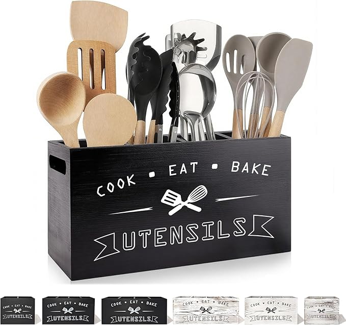 Large Black Utensil Organizer with Removable Dividers - Ideal Wooden Kitchen Countertop Organizer （black 4 Compartment）
