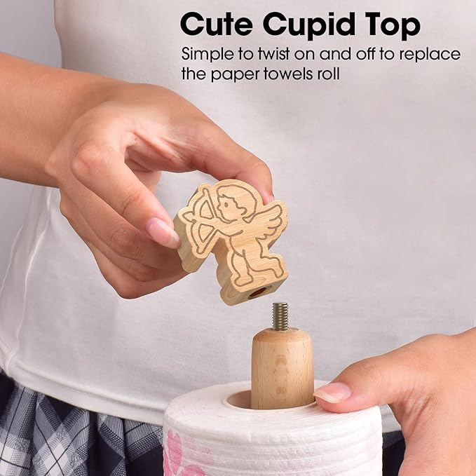 KitchLife Cute Wooden Paper Towel Holder Countertop - Solid Freestanding Paper Towel Dispenser Stand Organizer with Anti-Skid Base (Cupid)