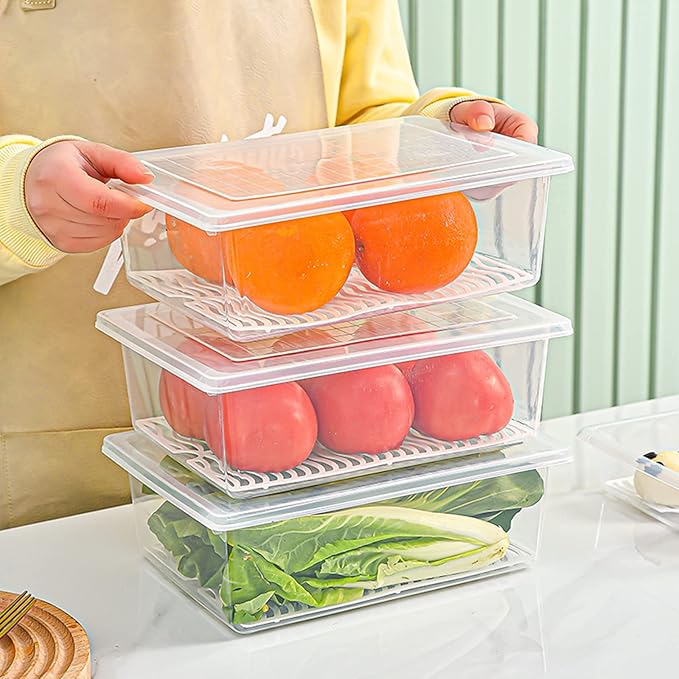 Yiautao Food Storage Container, Plastic Food Containers with Removable Drain Plate and Lid, Stackable Portable Freezer Storage Containers - Tray to Keep Fruits, Vegetables, Meat (X-Large(4PCS))