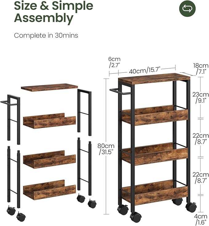 CHOEZON 4-Tier Slim Storage Cart, 7.1'' Kitchen Serving Trolley, Slim Rolling Cart with Handle and Guard Rails, Slim Cabinet for Small Spaces, for Dining Room, Rustic Brown and Black TTC02BF