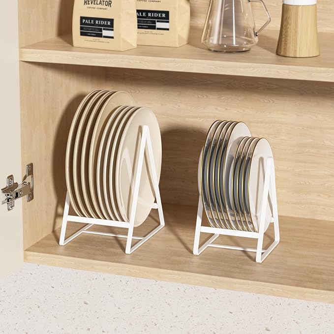 2 Pack Triangle Plate Holders Organizers Large Upright Cabinet Dish Drying Racks Metal Plate Dish Organizers Racks Stands for Countertop and Cupboard White