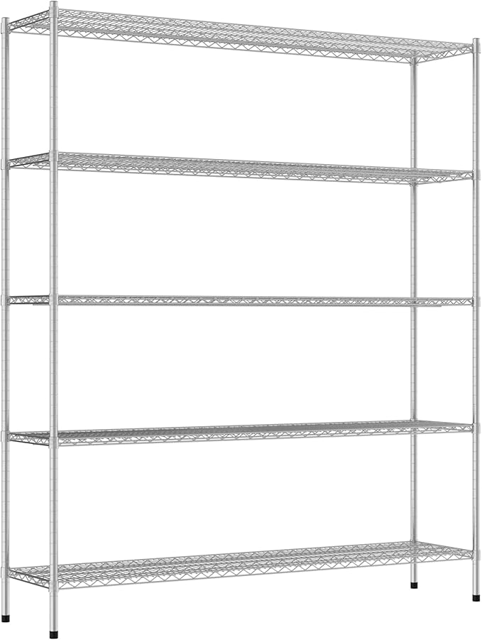 Commercial NSF Listed Chrome Stationary Wire Shelving Kit 18" x 72" x 86", with 5 Shelves Perfect for Warehouse, Walk-in Refrigerator, Freezer, Grocery Store, Restaurant, Dishroom