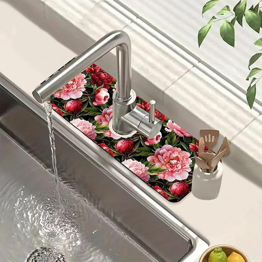 Blooming Peony Kitchen Sink Splash Guard Faucet Mat Pink Peony Flowers Super Absorbent Fast Drying Mat Sink Splash Guard Behind Faucet for Kitchen Bathroom, 15.5"x5.5"