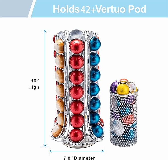 ZCDCP Nespresso Pod Holder, Vertuo Pod Holder Carousel Stand Storage with 360 Degree, Chrome Coffee Pod Holder Organizer for Nespresso Vertuo, 60 Pods