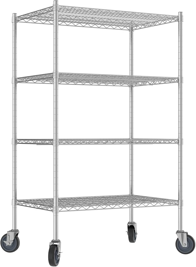 Commercial NSF Listed Chrome Mobile Wire Shelving Kit 24" x 36" x 60", with 4 Shelves Perfect for Warehouse, Walk-in Refrigerator, Freezer, Grocery Store, Restaurant, Dishroom