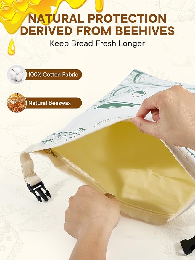2 Pack Zippered Beeswax Bread Bags - 17×13 Inch Large Reusable Cotton Lined Bags Freezer Safe for Bread, Sourdough & Baguette Kitchen Baking Supplies