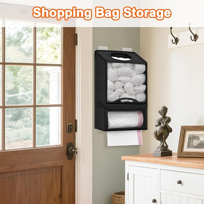 Plastic Bag Holders for Grocery Bags - Large Wall Mount Grocery Bag Holder with Dispenser for Kitchen, Oxford Cloth 2-in-1 Space-saving Plastic Bags Organizer, Black