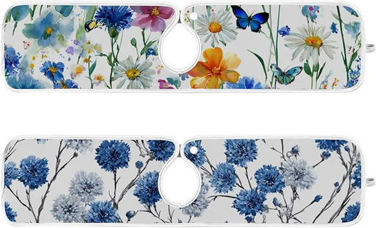 2 PCS Kitchen Sink Splash Guard 23.6 Inch Faucet Mat for Kitchen Sink Bathroom Sink Faucet Absorbing Drip Drain Mat Pad Microfiber Soft Washable Watercolor Blue Cornflower Daisy Butterflies
