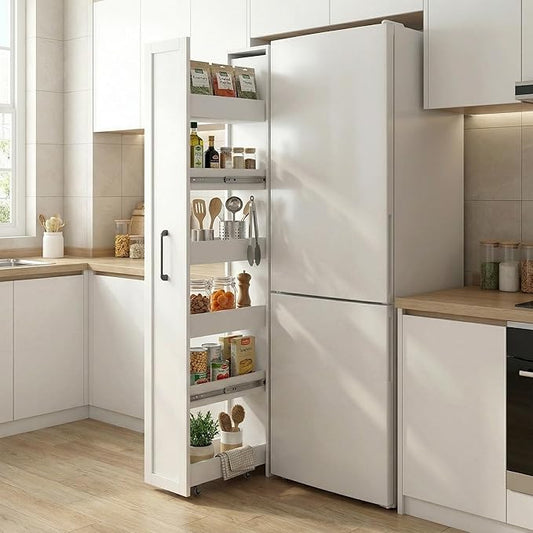 Slim Rolling Storage Cart, Pull Out Spice Rack, 6-Tier Rolling Pantry for Kitchen Fridge Gap & Laundry Room, Space-Saving Slide Out Utility Cabinet (White, with Side Panel)