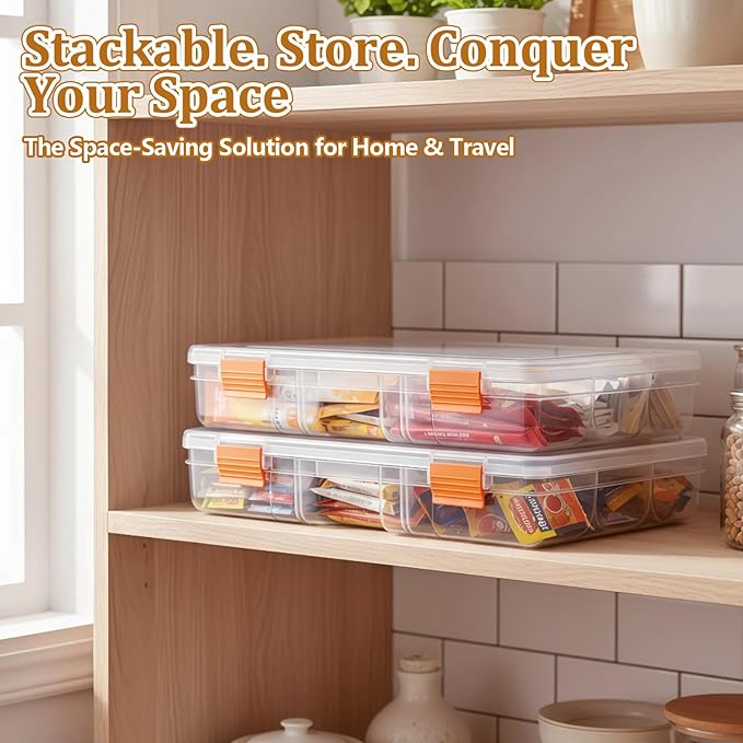 Drink Packet Organizer – Stackable Clear Acrylic Water Flavor Packet Organization with Removable Dividers & Secure Lid for Kitchen, Countertop, Pantry, and Travel (Orange)