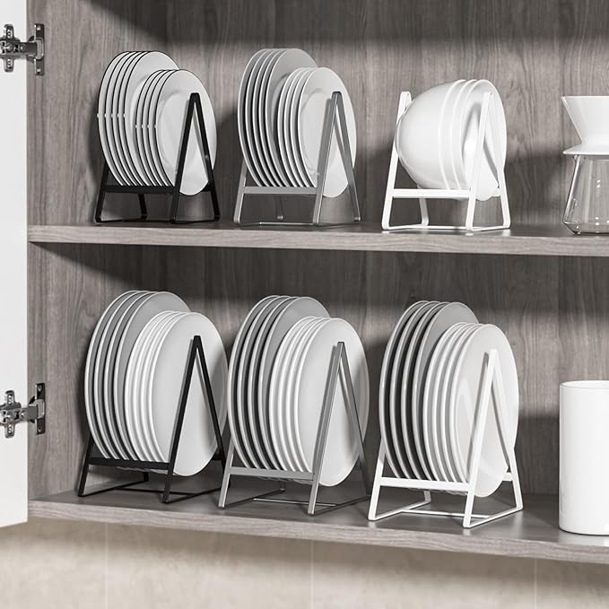 2 Large 1 Small Triangle Plate Holders Organizers Upright Cabinet Dish Drying Racks Metal Plate Dish Organizers Racks Stands for Countertop and Cupboard Black