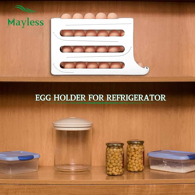 MAYLESS Auto Rolling Egg Holder for Fridge, Refrigerator Organizer Rack (White)