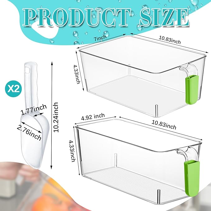Havawish 2 Set Ice Bin and Flexible Scoop Set Plastic Freezer Ice Bin with Pull Out Handle Storage Bucket Clear for Container with Bucket Scoop (10.83 x 7 x 4.33 in,10.83 x 4.92 x 4.33 in,Green)