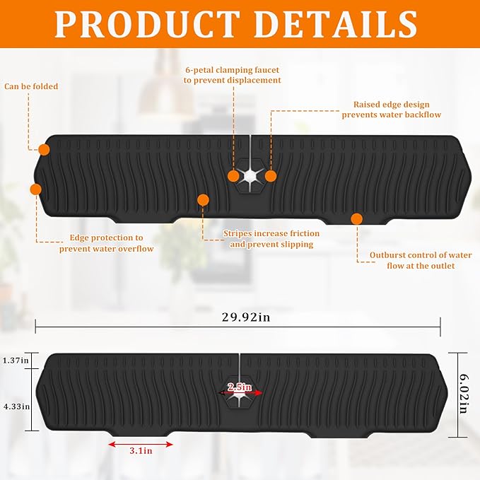 XAUXAGL 30 Inch Sink Splash Guard,Longer Silicone Sink Mat for Kitchen Bathroom,Kitchen Faucet,Silicone Sink Faucet Mat Splash Guard, Drip Protector Splash Countertop (Black)