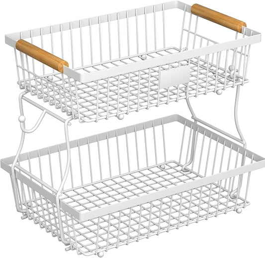 2 Tier Fruit Basket for Kitchen Counter with 2 Banana Hangers, Countertop Metal Bread Basket with Wooden Handle, Large Storage Stand for Vegetables, Snacks, Eggs, Produce Storage – White