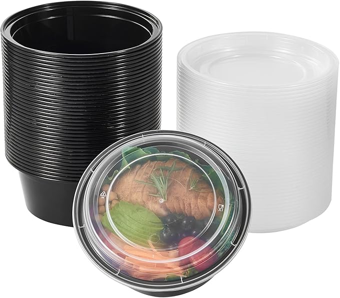 Jaluxing 38 oz 50 ct Round Meal Prep Containers with Lids Plastic Food Storage Lunch Plan To Go Box Disposable Take Out Bowls BPA Free Durable Stackable Microwave Freezer Safe (Formerly FULING)