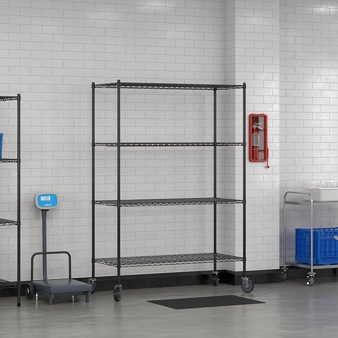 Commercial NSF Listed Black Epoxy Mobile Wire Shelving Kit 24" x 54" x 80", with 4 Shelves Perfect for Warehouse, Walk-in Refrigerator, Freezer, Grocery Store, Restaurant, Dishroom