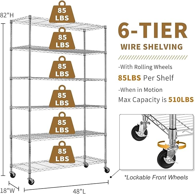 6 Tier Wire Shelving with Wheels, 2100lbs Storage Shelves Metal Shelves for Storage Rack, Adjustable Garage Shelf Heavy Duty Shelving Units Pantry Shelf Kitchen, (48"X18"X82", Chrome)