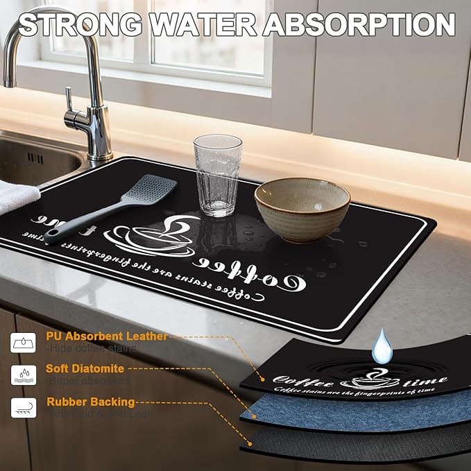Dish Drying Mat & Coffee Mat for Kitchen Counter, Absorbent Microfiber Waterproof Mat with Non-Slip Backing, Multi-Size Multi-Color Options, Sink and Coffee Bar Accessories