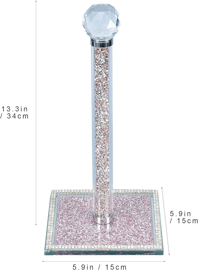 Hochance Pink Crystal Standing Paper Towel Roll Holder Countertop Weighted Rack,Glam Cute Bling Rhinestone Jeweled Diamonds Modern Decoration Christmas Housewarming Gifts for Kitchen Home Bar