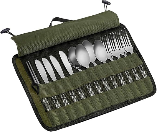 Cutlery Storage Bag,Portable Polyester Roll Up Pouch Bag For Forks, Spoons, Chopstick,Water Resistant Storage Kitchen Cooking Utensil Set Travel Organizer, Army Green