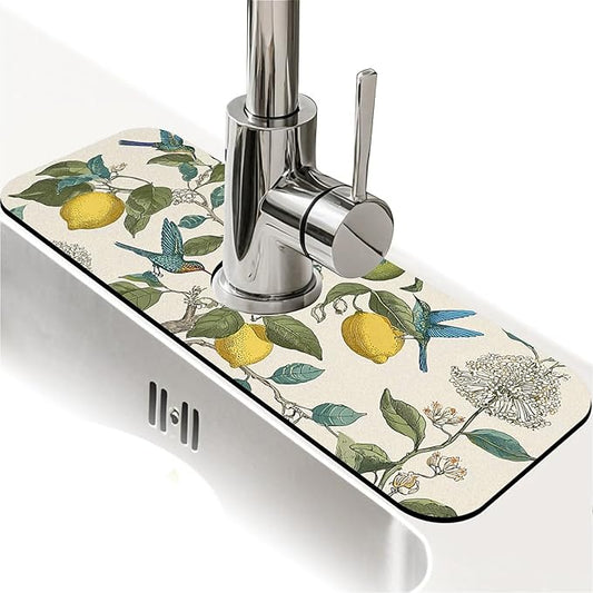 Kitchen Sink Splash Guard，lemon tree with hummingbirds Faucet Mat Sink Gadgets-Super Absorbent Fast Drying Mat Drip Catcher for Kitchen, Bathroom,Sink Mat, Dish Drying Mat, Bathroom(15" X 5.5" )
