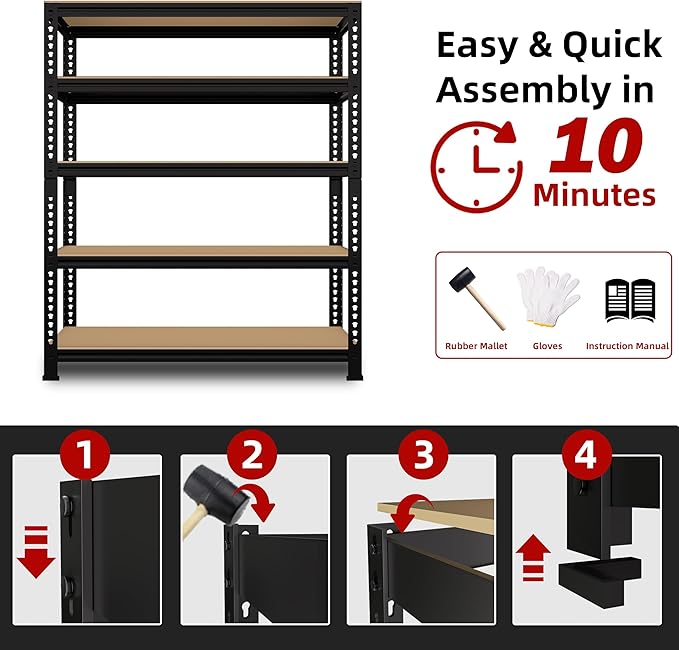 5 Tier Garage Storage Shelves - 32" W x 16" D x 63" H Adjustable Heavy Duty Metal Shelving Unit, Garage Shelving Organizers and Storage Utility Rack for Basement, Pantry, Kitchen, Black