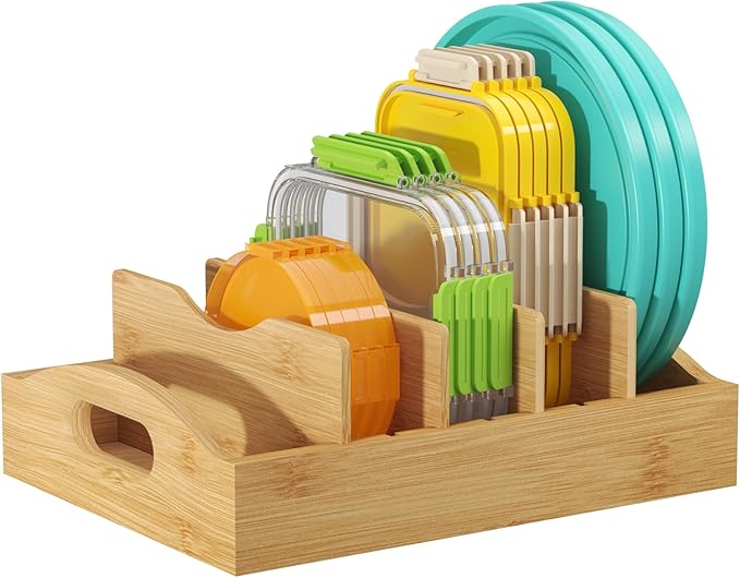 Lifewit Bamboo Lid Organizers for Inside Cabinet, Food Storage Container Lid Holder with 4 adjustable Inserts & 5 Compartments, Lid Storage for Kitchen Pantry Organization, 10.6" X 8.3"