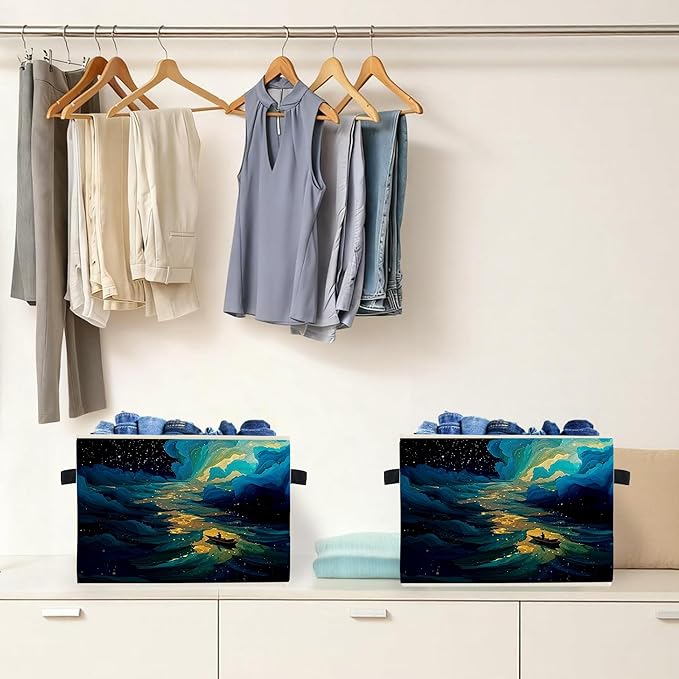 Dreamy Starry Sky Night Storage Box Bins, Blue Fantasy Galaxy River Boating Collapsible Storage Basket Organizer for Bedroom Laundry Room Home Clothes Toys Books, Toybox for Girls Boys