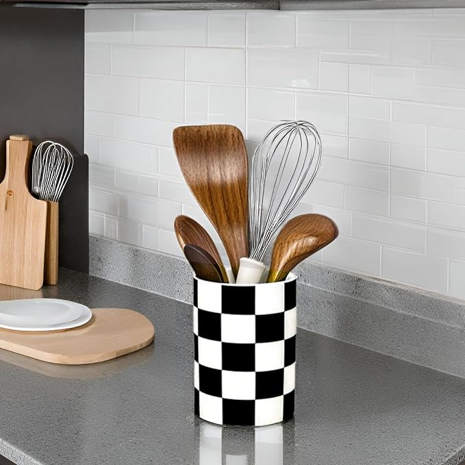 Checkered Utensil Holder, 4.13''x5.71 Utensils Caddy for Kitchen Counter, Medium Size Utensil Crock for Countertop, Utensils Organizer Storage for Parties Dining-Modern black and White
