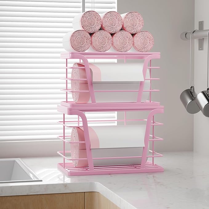 2 Pack Pink Trash Bag Holder for Kitchen Organization, Upgraded Large Stackable Garbage Bag Dispenser with Bamboo Top, Aesthetic Grocery Bag Storage for Pantry, Laundry Room, Wall Mount