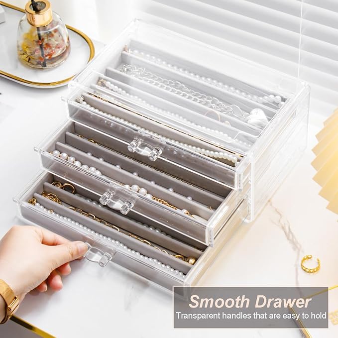 Necklace Holder Organizer, Dustproof Necklace Box Velvet Necklace Organizer Box with Lid Clear Acrylic Dustproof Stackable Jewelry Displays for Necklaces Chain Display (Gray, 5 Drawer)