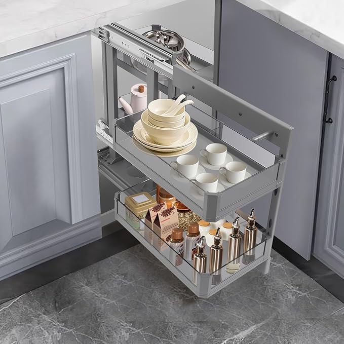 Blind Corner Cabinet Organizer,Tempered Glass Corner Cabinet Pull-Out,2-Tier Kitchen Cabinet Left Open & Right Open Compatible,Adjustable & Removable Basket (Grey)