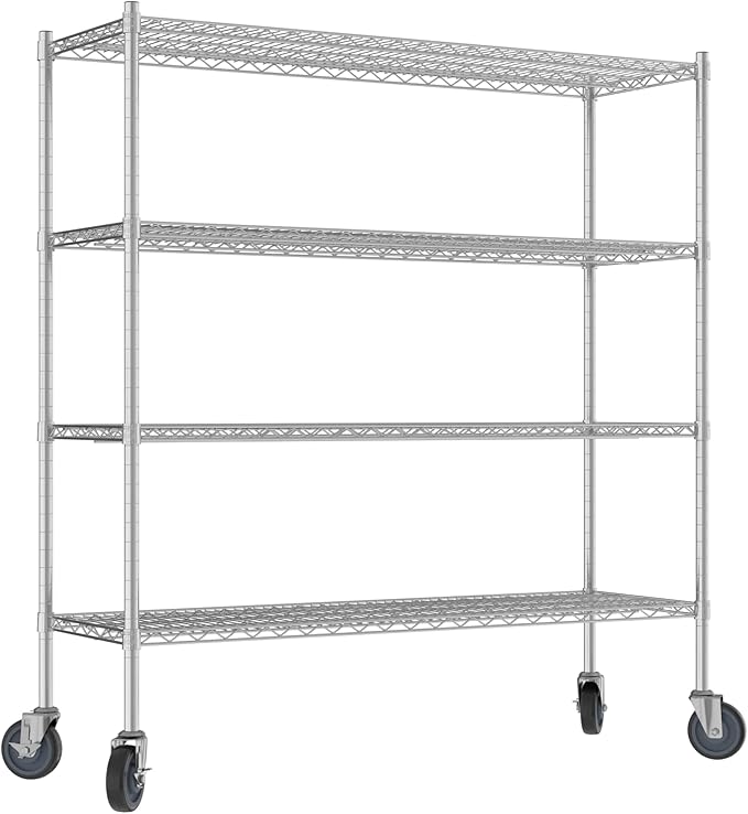Commercial NSF Listed Chrome Mobile Wire Shelving Kit 18" x 54" x 60", with 4 Shelves Perfect for Warehouse, Walk-in Refrigerator, Freezer, Grocery Store, Restaurant, Dishroom