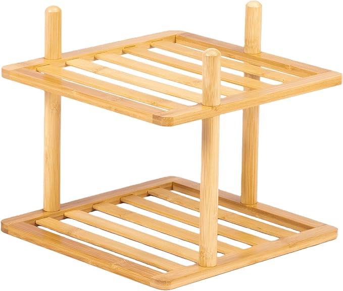 2-Tier Cabinet Organizer Shelf - Bamboo Corner Rack for Kitchen Counter, Cabinet Space Saver for Plates, Dishes, Bowls, Bread - Pantry and Bathroom Storage or Countertop(1, 6.7" H-Large)