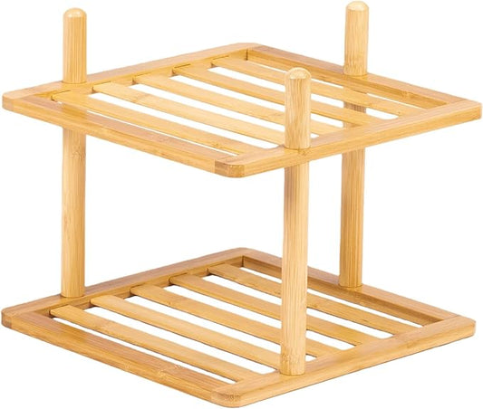2-Tier Cabinet Organizer Shelf - Bamboo Corner Rack for Kitchen Counter, Cabinet Space Saver for Plates, Dishes, Bowls, Bread - Pantry and Bathroom Storage or Countertop(1, 6.7" H-Large)