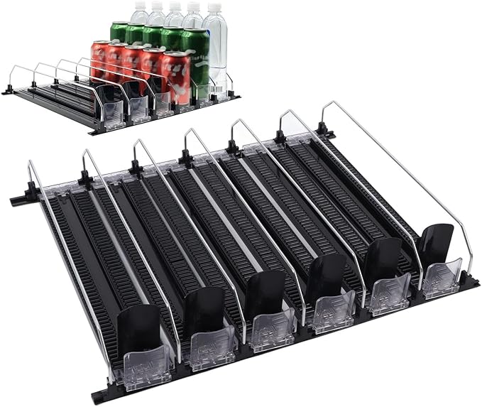 FLEXMAN Drink Organizer for Fridge, 6 Rows Adjustable Width Spring Loaded Drink Dispenser, Beverage Dispenser, Water Bottle Organizer for Soda, Beer, Wine, Sparkling Wine (Black)