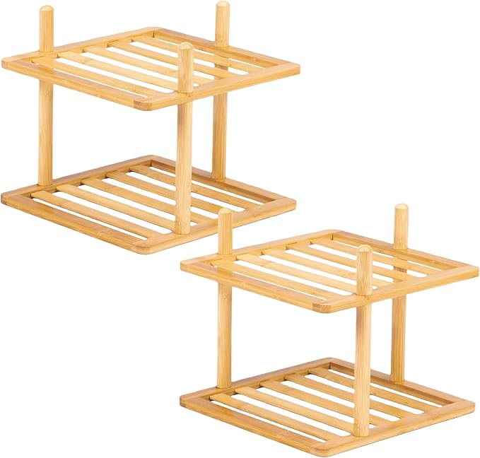 2Pcs 2-Tier Cabinet Organizer Shelf - Bamboo Corner Rack for Kitchen Counter, Cabinet Space Saver for Plates, Dishes, Bowls, Bread - Pantry and Bathroom Storage or Countertop (2, 6.7"H-Large)