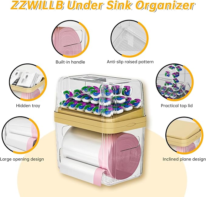 2-in-1 Trash Bag Dispenser & Laundry/Dishwasher Pods Container, Clear Acrylic Garbage Bag Organizer with Removable Lids, Under Sink Kitchen Storage Box for Pantry Organization
