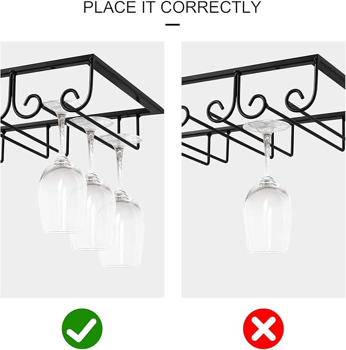 MOCOUM Under Cabinet Wine Glass Rack Stemware Rack, Wine Glasses Hanger Rack Wire Wine Glass Holder Storage Hanger for Cabinet Kitchen Bar (Black, 4 Rows 1 Pack)