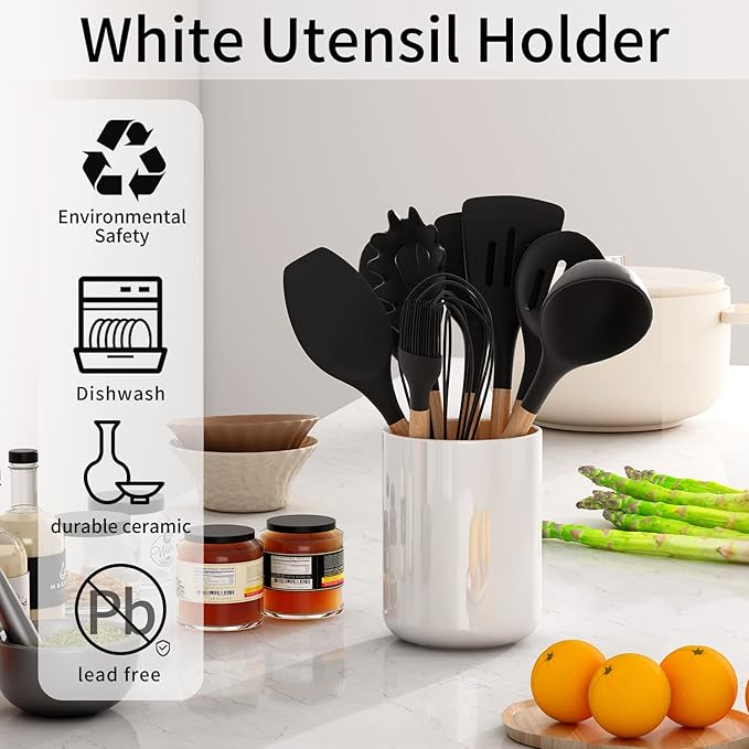 demany White Kitchen Utensil Holder for Countertop Easy to Clean, Stable Matte Ceramic Cooking Utensil Crock for Counter, Spatula Holder for Farmhouse Décor 4.6×6.5 INCH
