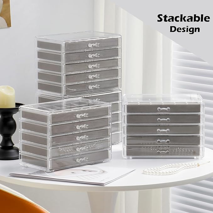 Jewelry Organizer with 5 Drawers Clear Acrylic Earring Display Case Velvet Jewelry Storage Box Display Holder for Earring Ring Bracelet Necklace (Gray, 66 Grids)
