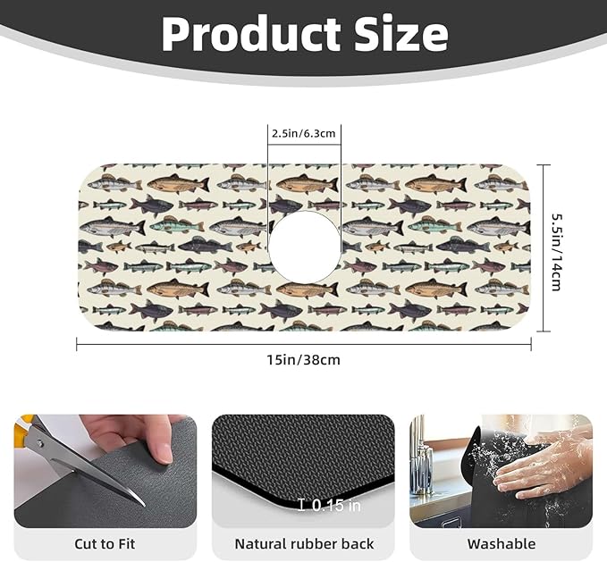 Vintage Bass Fish Bait Fishing Kitchen Sink Splash Guard Faucet Mat 1 Pcs, Absorbent Fast Drying Mat Gadgets Splash Guard For Bathroom 15 X 5.5 Inches