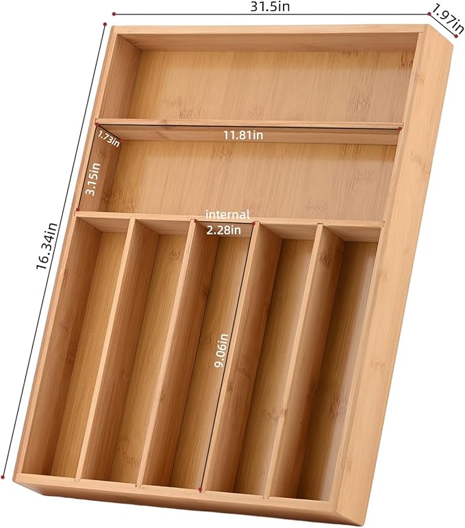 JIMMY LUCKY Wooden Silverware Organizer for Drawer, Bamboo Utensil Drawer Organizers, Kitchen Utensil Organizer Tray with 7 Storage Compartments, Flatware Organizers for Cutlery Flatware