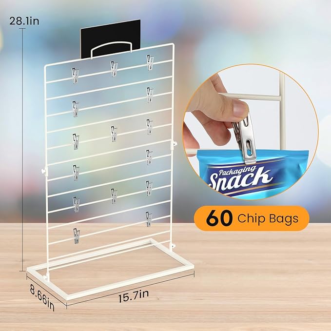 TJ.MOREE Chip Rack Display Stand, Chip Bag Holder for Party Display 3-Row 60 Clips Countertop Snack Hanger, Snack Retail Display Rack (White)