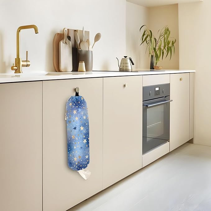 Plastic Bag Holder Wall Mount Grocery Bag Shopping Bag Storage Holder Organizer Dispenser with Adhesive Hook,for Kitchen Bathroom Home Decor 9x22 Inches Blue Romantic Golden Stars24