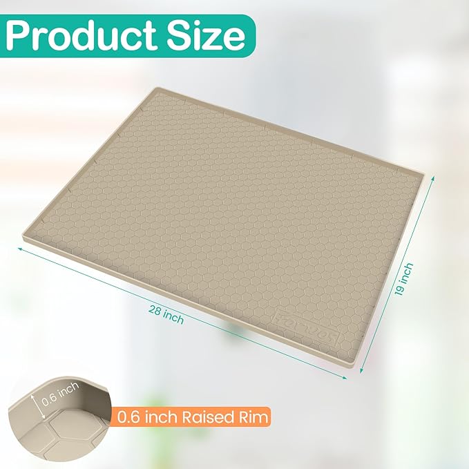 FORWOS Waterproof Under Sink Mat 28" x 19", Silicone Cabinet Liner, Rubber Protector for Kitchen and Bathroom, Keeps Cabinets Clean, Dry, and Organized (Khaki)