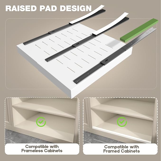 2 Pack Pull Out Cabinet Organizer 24" Deep,Full Extension 3 Slide Rails Slide Out Drawers With Raising Pad for Framed Cabinets,Expandable Width (15.4"-26.2"),No Drill Roll Out shelf,White